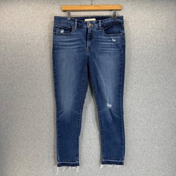Levi's Womens 711 Skinny Dark Blue Denim Jeans Casual Distressed Raw Hem Size 30 - Picture 1 of 15